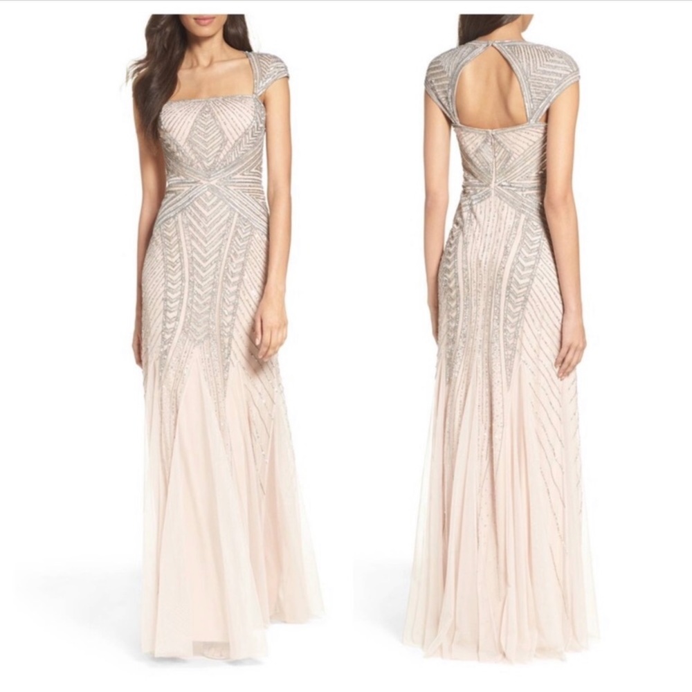 Adrianna Papell envelope cap sleeve beaded gown